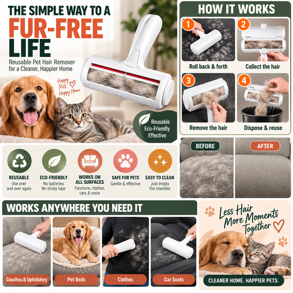 Pet Hair Remover Roller — Reusable, No Refills Needed | Self-Cleaning for Couch, Carpet & Clothes