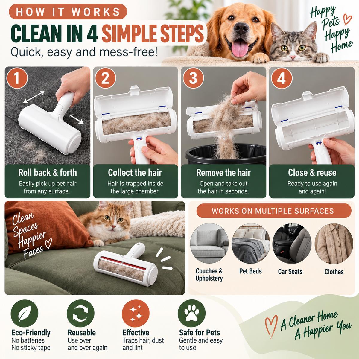 Pet Hair Remover Roller — Reusable, No Refills Needed | Self-Cleaning for Couch, Carpet & Clothes