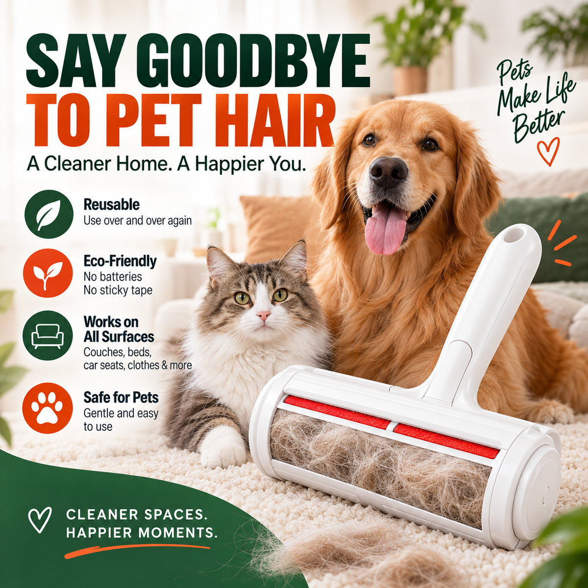 Pet Hair Remover Roller — Reusable, No Refills Needed | Self-Cleaning for Couch, Carpet & Clothes