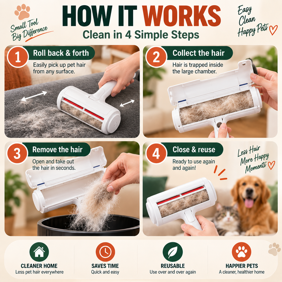 Pet Hair Remover Roller — Reusable, No Refills Needed | Self-Cleaning for Couch, Carpet & Clothes