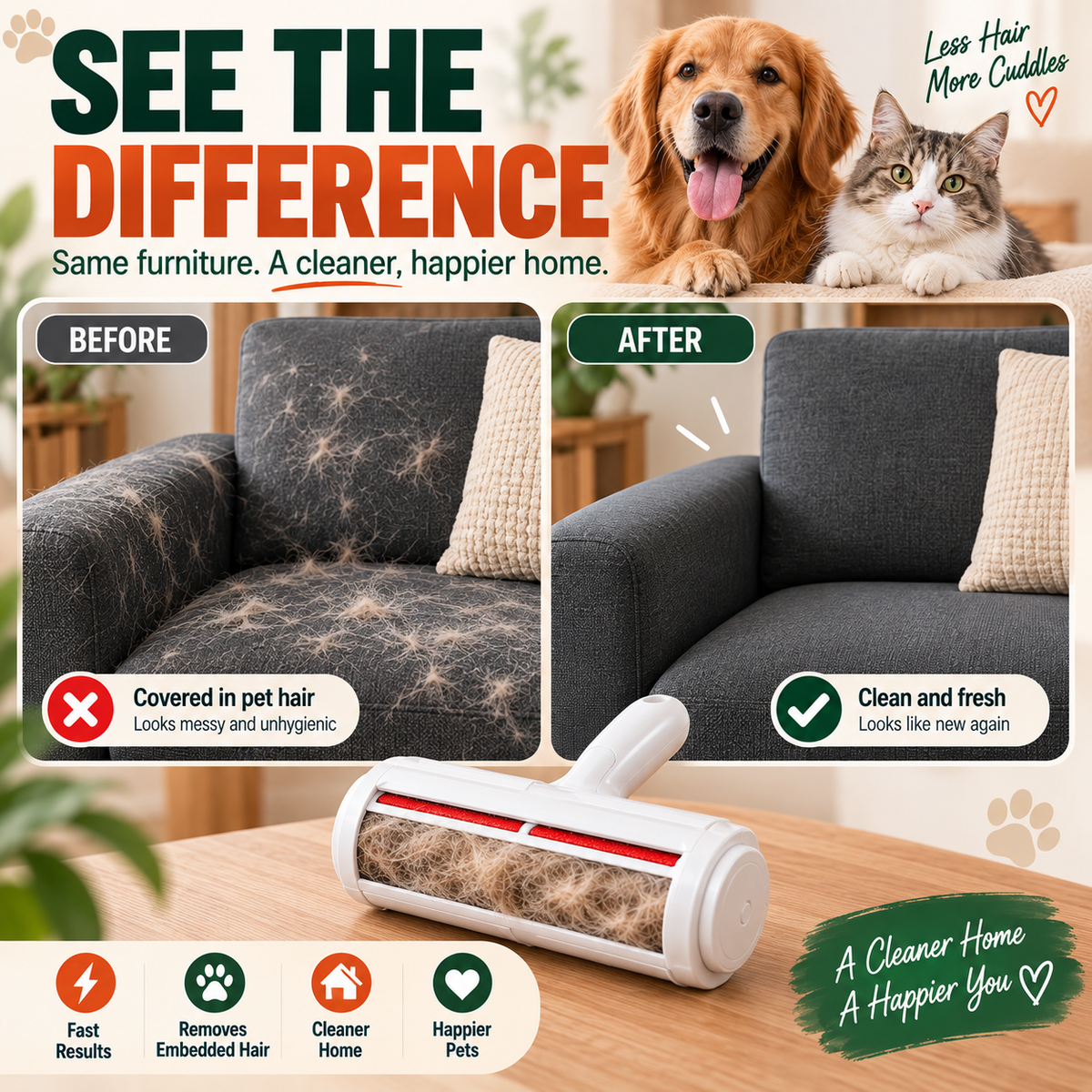 Pet Hair Remover Roller — Reusable, No Refills Needed | Self-Cleaning for Couch, Carpet & Clothes