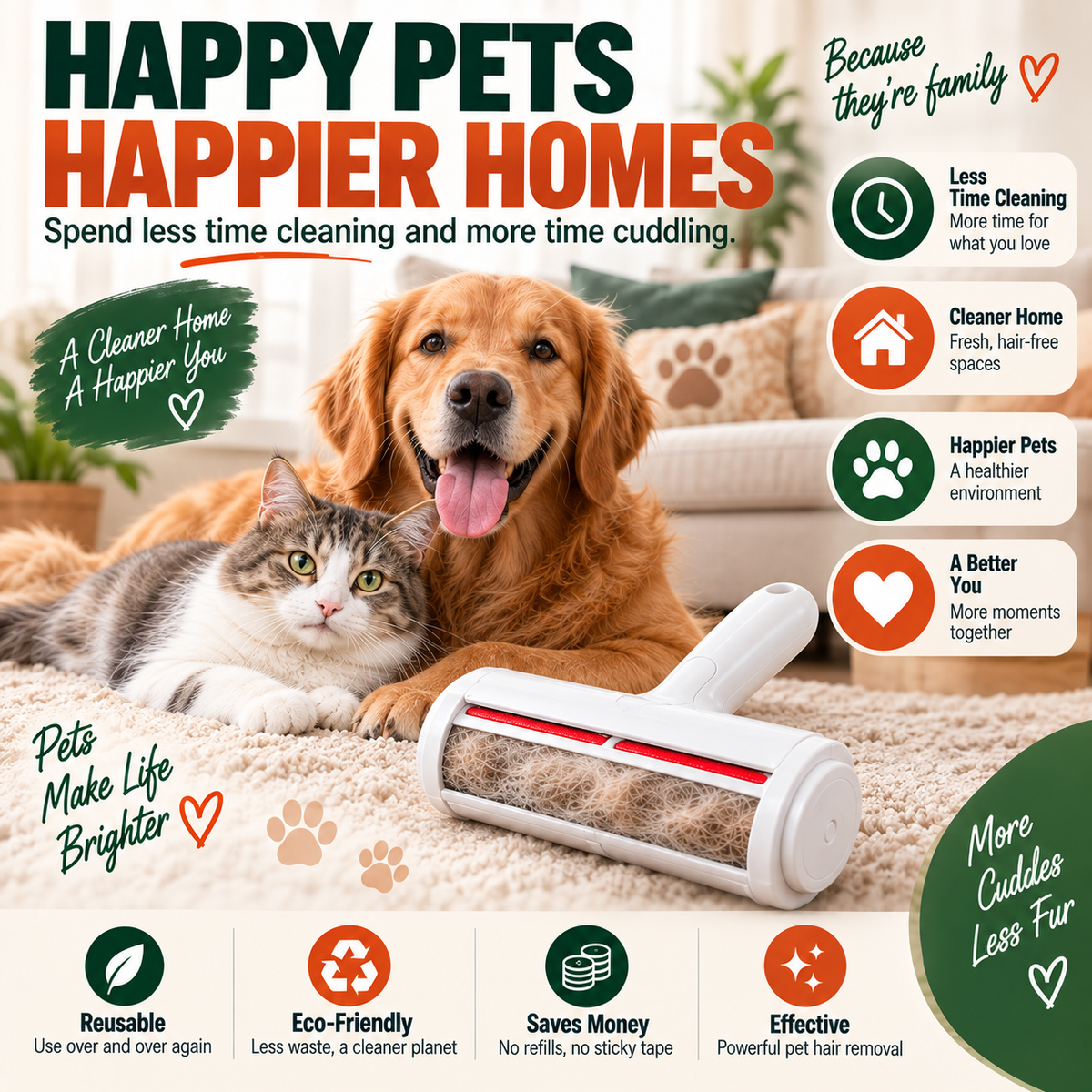 Pet Hair Remover Roller — Reusable, No Refills Needed | Self-Cleaning for Couch, Carpet & Clothes
